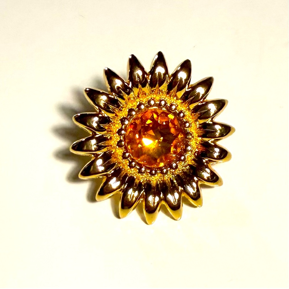 Vintage CHRISTIAN DIOR Sunburst Gold Plated Brooch with Topaz Crystal Center